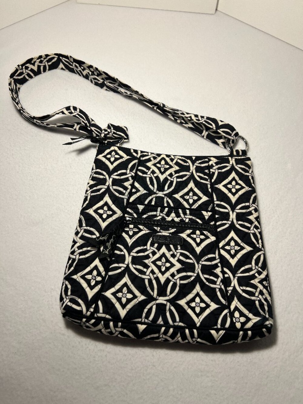Vera Bradley Black/White Quilted Cotton Crossbody Bag Geometric Diamond Pattern